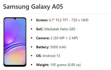 Compare samsung galaxy A04 versus galaxy A05